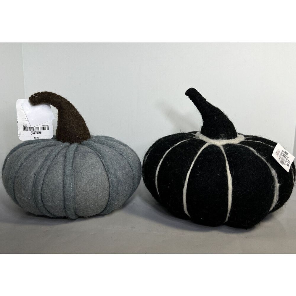 Boiled Wool Pumpkins Tabletop Decor 9” & 8” JCP Fall Black Gray